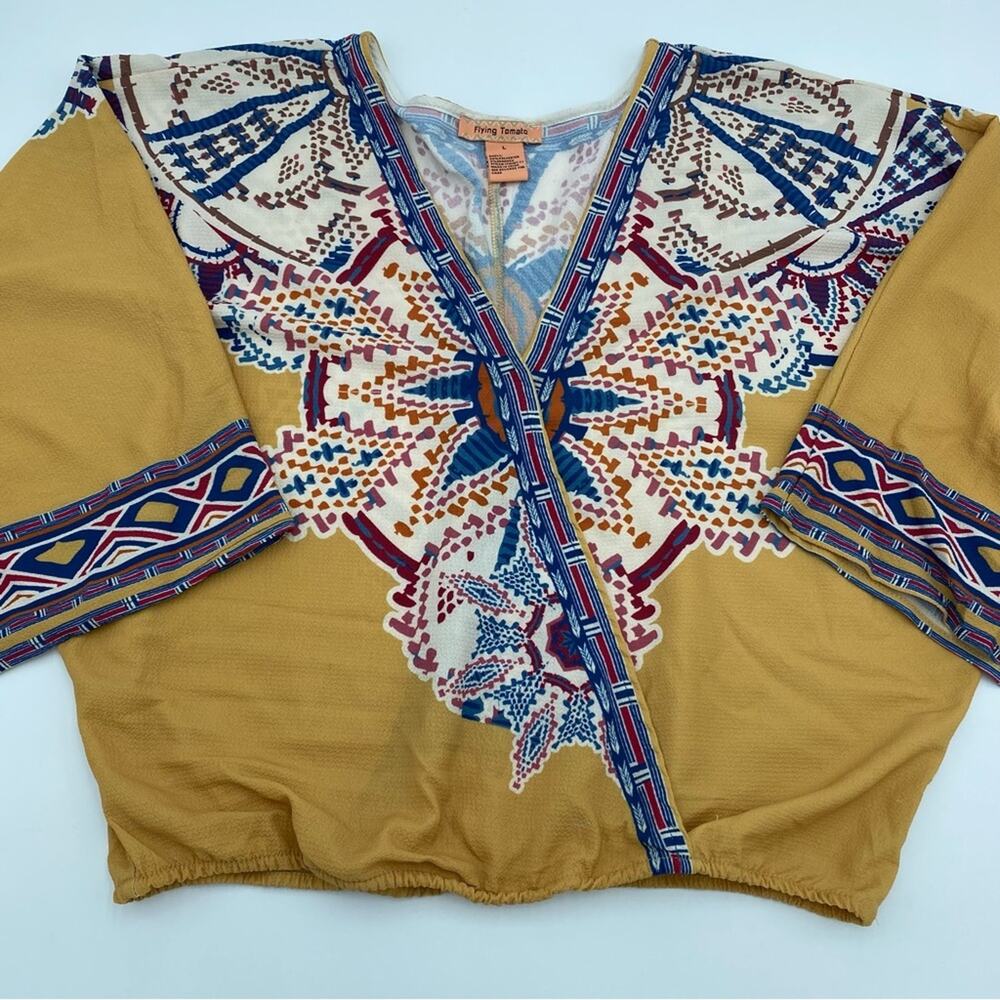Flying Tomato Top Bohemian Festival Peasant Aztec Turkish Print Faux Wrap Large